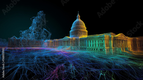 vibrant point cloud representation of grand building, showcasing intricate lines and colors that create stunning visual effect. structure features prominent dome and classical architecture