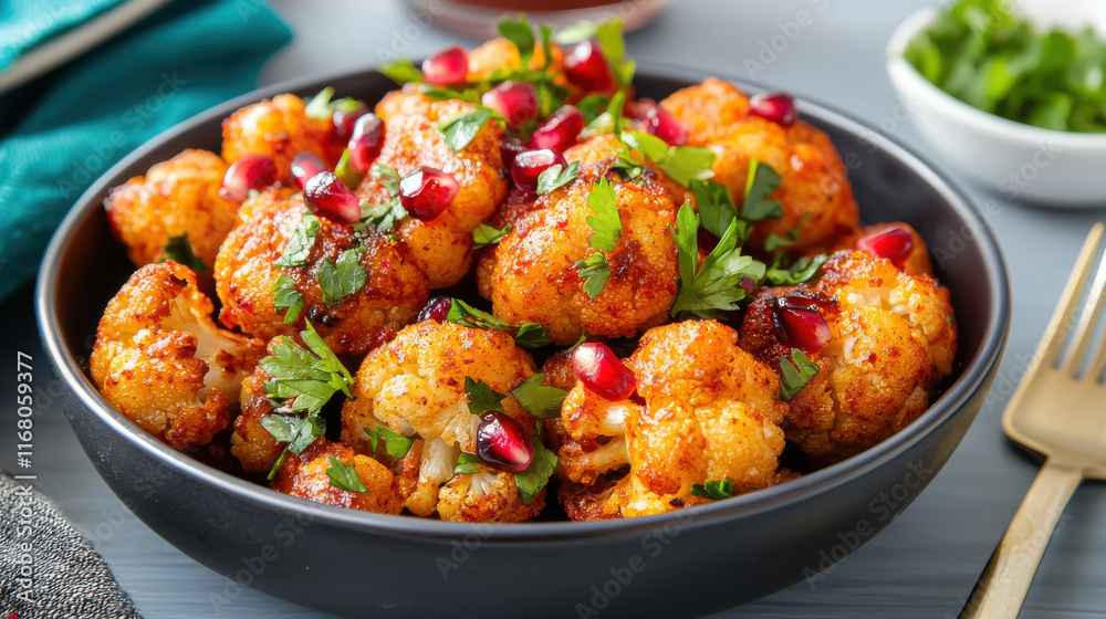 Roasted cauliflower dish garnished with pomegranate seeds and herbs, offering bold and spicy flavor. Perfect for vegetarian meal or side dish Roasted cauliflower dish garnished with pomegranate seeds and herbs, offering bold and spicy flavor. Perfect for vegetarian meal or side dish