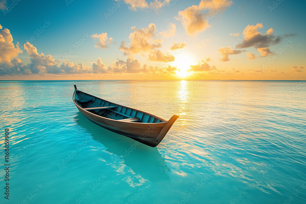 A sleek luxury small boat gliding smoothly over crystal-clear blue ocean waters with the sun setting on the horizon A sleek luxury small boat gliding smoothly over crystal-clear blue ocean waters with the sun setting on the horizon