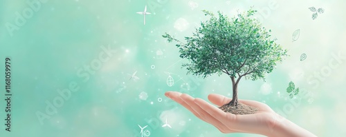 Green tree held by a hand, surrounded by renewable energy icons, sustainable development, ecology and worldsaving environment concept, vibrant, ecofriendly style photo