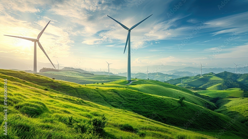 wind turbines generating clean energy against a backdrop of green fields and blue sky wind turbines generating clean energy against a backdrop of green fields and blue sky