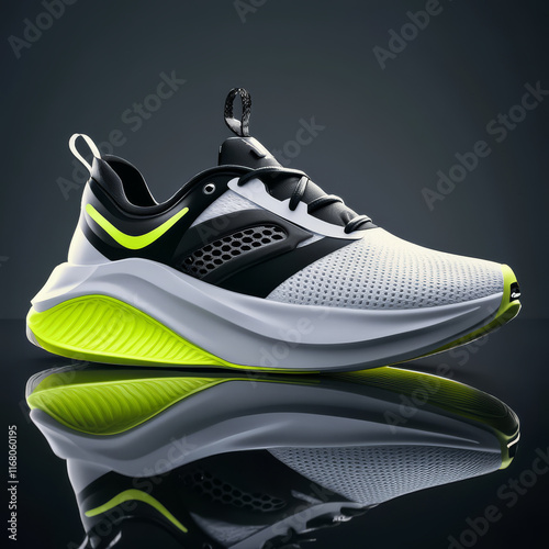 High quality athletic shoes with sleek design, featuring white and black color scheme with vibrant green accents. Perfect for sports and casual wear