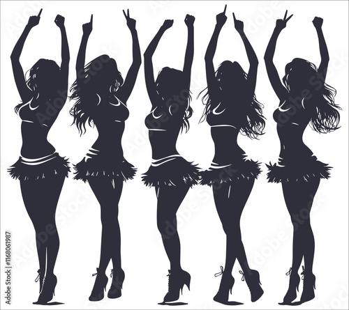 Female cheerleader silhouette vector illustration. Dynamic female cheerleader silhouettes. Abstract woman cheerleader silhouette vector. Black cheerleader silhouette icons vector