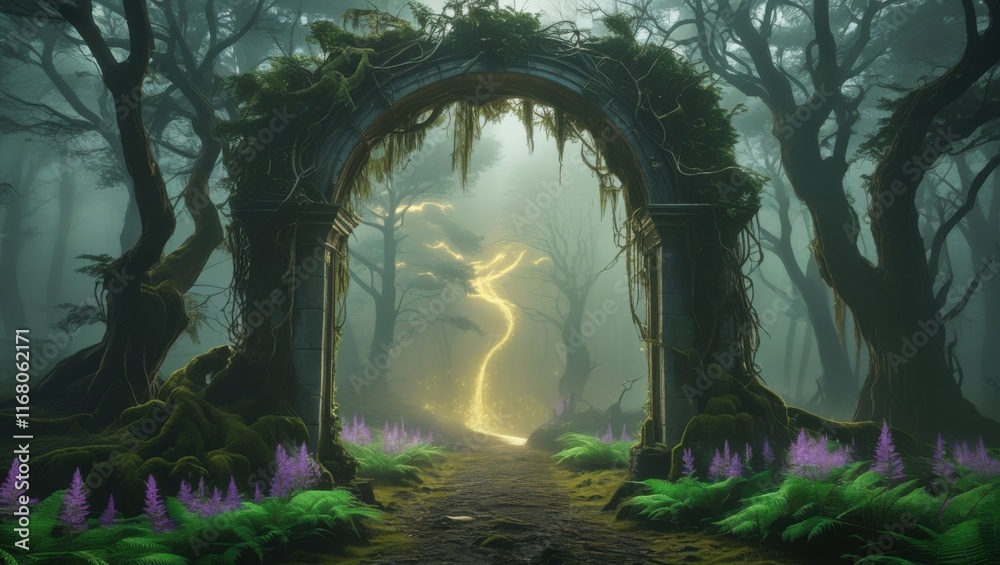 A mystical arched gateway, adorned with ancient vines and moss, stands at the edge of a dense, misty forest, beckoning travelers to venture into the uncharted territory beyond, where towering trees, t A mystical arched gateway, adorned with ancient vines and moss, stands at the edge of a dense, misty forest, beckoning travelers to venture into the uncharted territory beyond, where towering trees, t
