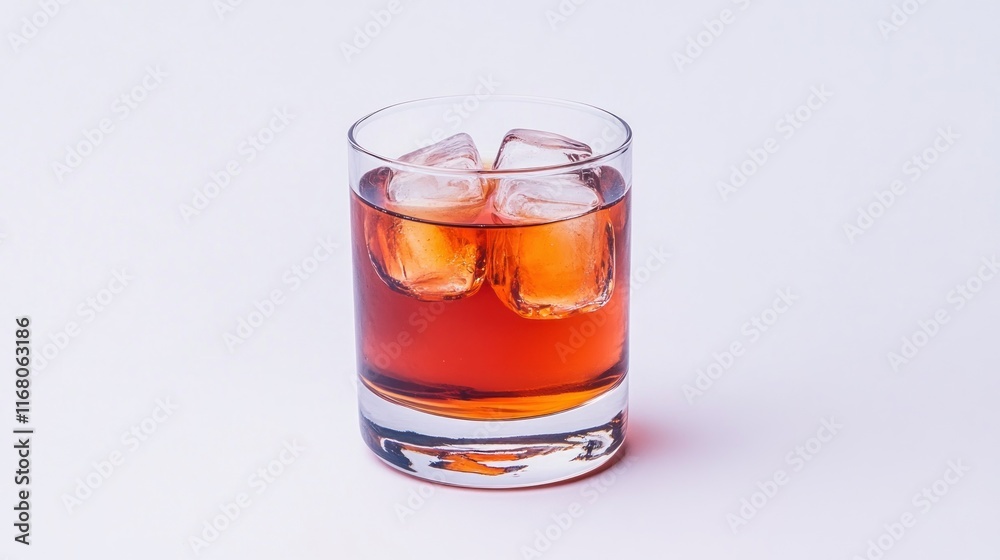 A glass of whiskey with ice cubes on a light background. A glass of whiskey with ice cubes on a light background.