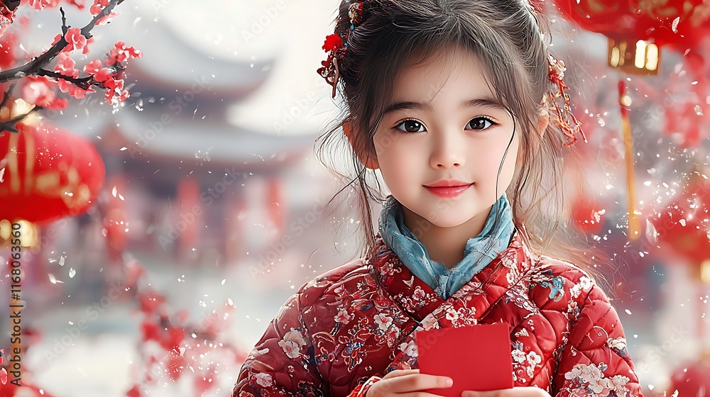 A 3-year-old Asian girl with a joyful smile, dressed in a red floral quilted jacket and turquoise scarf, holding a red square of paper against a backdrop of festive Chinese New Year decorations. A 3-year-old Asian girl with a joyful smile, dressed in a red floral quilted jacket and turquoise scarf, holding a red square of paper against a backdrop of festive Chinese New Year decorations.