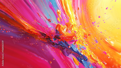 Dynamic abstract paint background showcasing riot of vibrant colors, blending and splashing together in mesmerizing display of creativity and energy