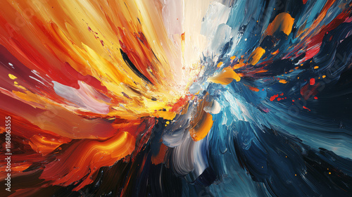Dynamic abstract paint background showcasing riot of colors, blending vibrant hues of red, orange, blue, and white, creating energetic and expressive visual experience
