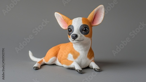 A cute, handcrafted figurine of a dog with orange and white markings.