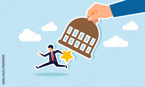 A hand opens a drum trap and frees a businessman carrying a star, illustration of freedom in improving business rating and quality