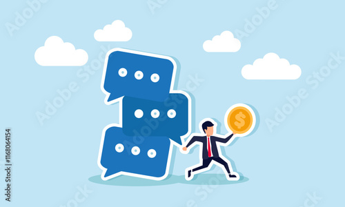 A businessman runs carrying a dollar coin, avoiding a stack of chat dialogues about to collapse, illustration of saving company financial assets from negative market talk