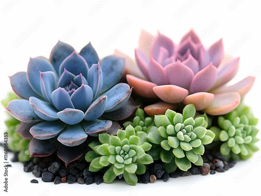 Two echeveria succulents and smaller succulents arranged on dark pebbles against a white background.