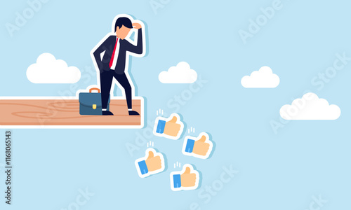 A businessman observes thumbs falling from the edge of a board, illustration of monitoring and overseeing the decline in market attention for business