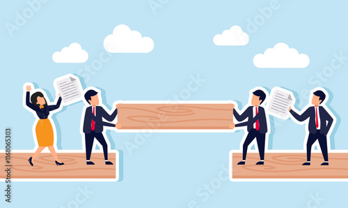 Two businessmen collaborate to assemble and complete board connections while two others hold procedure papers, illustration of teamwork in build a business alliance or joint venture