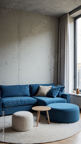 Blue Sofa Against a Concrete Wall: Modern Living Room Design in a Minimalist Studio Apartment with Scandinavian Loft Interior, vertical orientation.