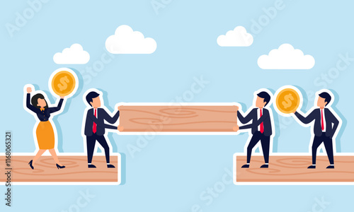 Two businessmen collaborate to complete board connections while two others hold dollar coins, illustration of a business merger to strengthen and improve company finances