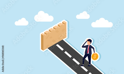 A businessman carrying a dollar coin looks confused by a wall blocking the path, illustration of thinking about ways to increase business profit and revenue