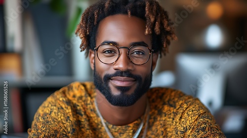 Portrait of a smiling Black man with locs and glasses. photo