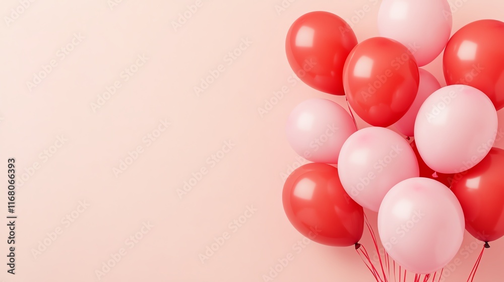 Red and pink balloons on soft peach background, perfect for celebrations.