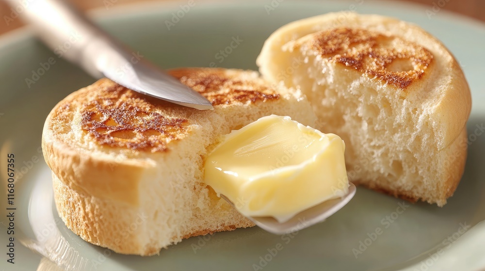 Freshly Baked Muffin with Creamy Butter Slice on a Plate Ready to Be Served for Breakfast or Snack Time Delight in a Cozy Indoor Setting Freshly Baked Muffin with Creamy Butter Slice on a Plate Ready to Be Served for Breakfast or Snack Time Delight in a Cozy Indoor Setting