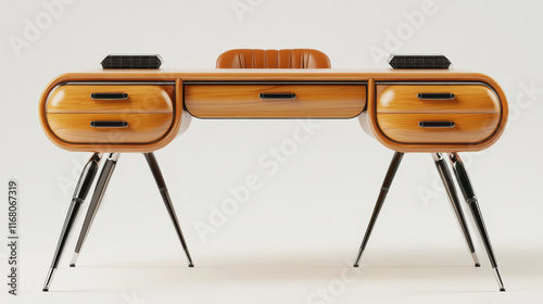 Stylish wooden desk with sleek design, featuring drawers and modern legs. Perfect for office or home workspace, combining functionality and aesthetics