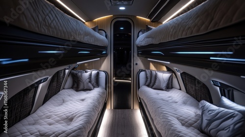 Sleek interior of a modern sleeper bus with twin bunks and ambient lighting.