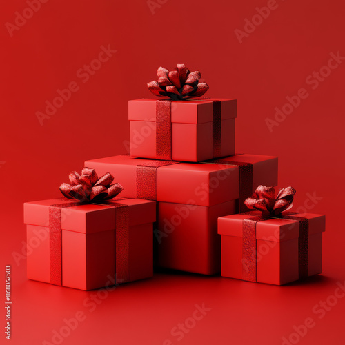 Red gift boxes stacked together with decorative bows on vibrant red background, creating festive and cheerful atmosphere perfect for celebrations