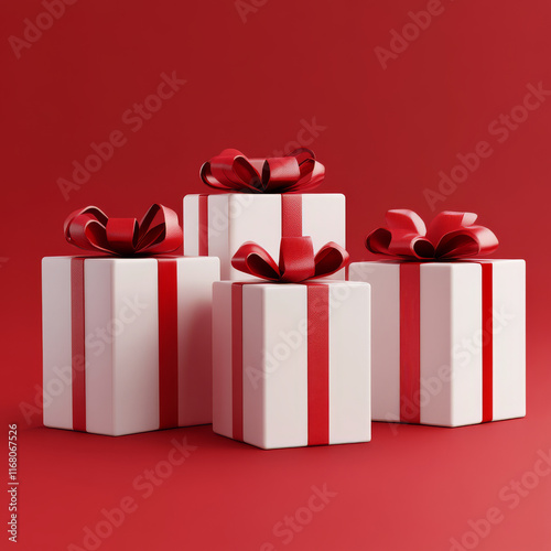 Elegant gift packs with red ribbons on vibrant red background, perfect for celebrations and special occasions