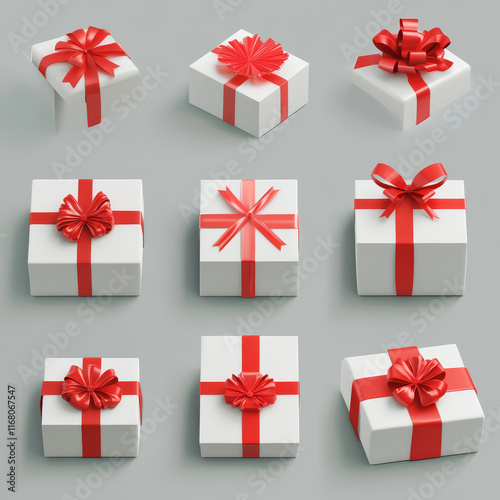 Elegant gift packs with red ribbons and bows arranged in grid. Perfect for celebrations and special occasions, these presents add festive touch to any event