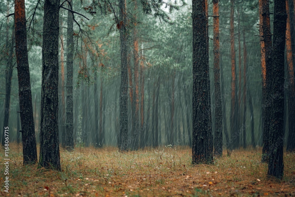 Obraz premium Rain-soaked forest, tall trees, autumn ground.