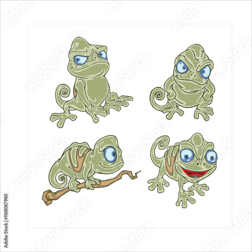 An illustration of a cartoon-style vector lizard that can change colors, shown in various cute and playful poses.