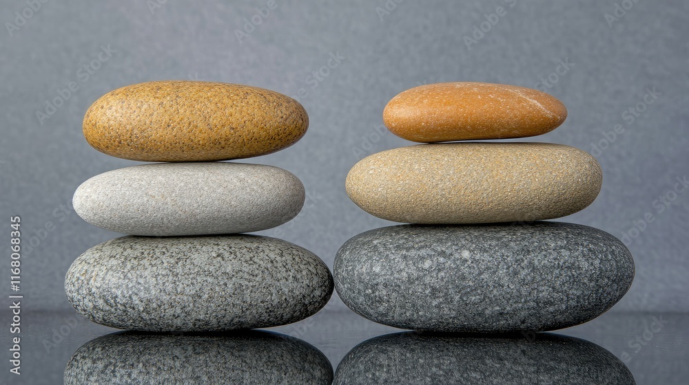 Balanced Harmony of Nature: Smooth Stones Stacked in Perfect Symmetry on a Reflective Surface Showcasing Earthy Tones and Minimalist Charm Balanced Harmony of Nature: Smooth Stones Stacked in Perfect Symmetry on a Reflective Surface Showcasing Earthy Tones and Minimalist Charm