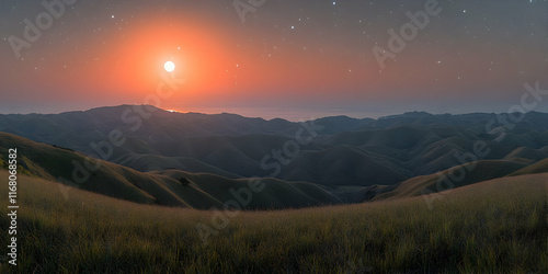 Sunset over rolling hills and grassy plains under a starry sky. photo