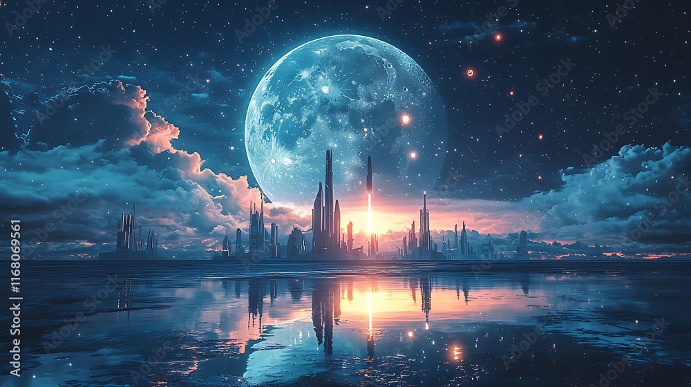 Obraz premium Futuristic Cityscape Underneath a Gigantic Moon