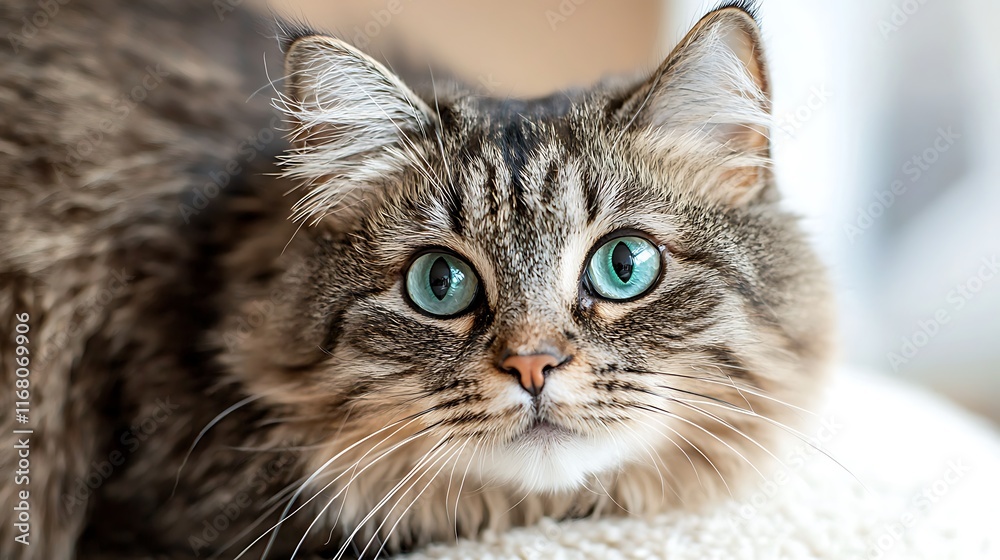 Portrait of a Fluffy Grey Cat with Striking Blue Eyes