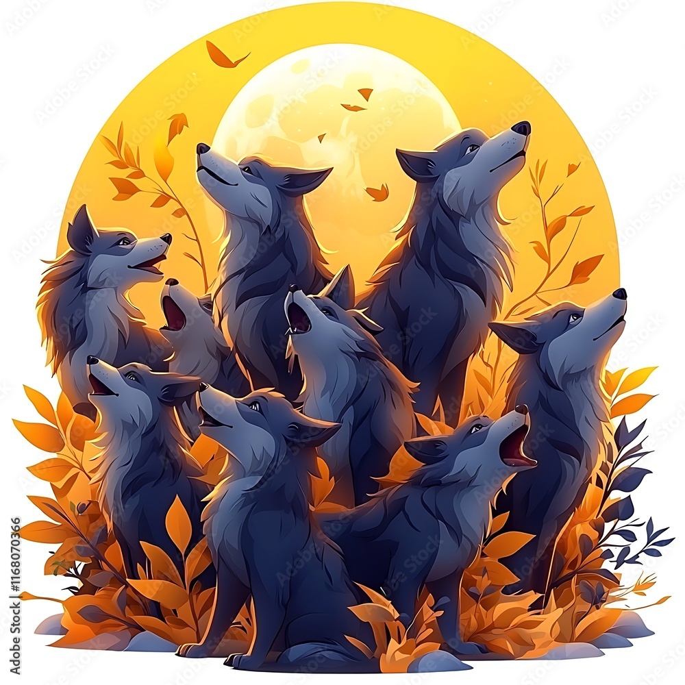 A pack of stylized wolves howling at the autumnal moon, surrounded by vibrant foliage. A pack of stylized wolves howling at the autumnal moon, surrounded by vibrant foliage.