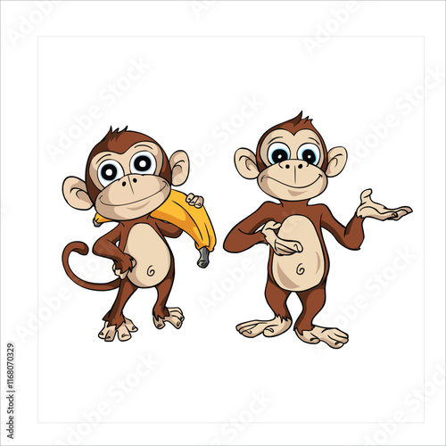 vector illustration of a cartoon monkey holding a large banana, featuring minimal details, smooth lines, and a clean, cheerful design. 