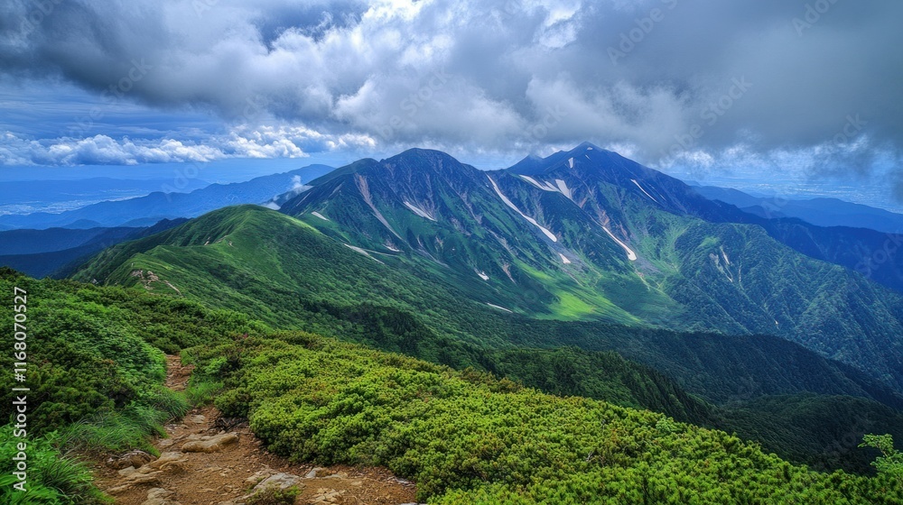 Fototapeta premium The Ushiro-Tateyama range under dramatic storm clouds, with Mt. Shirouma partially illuminated by a break in the weather