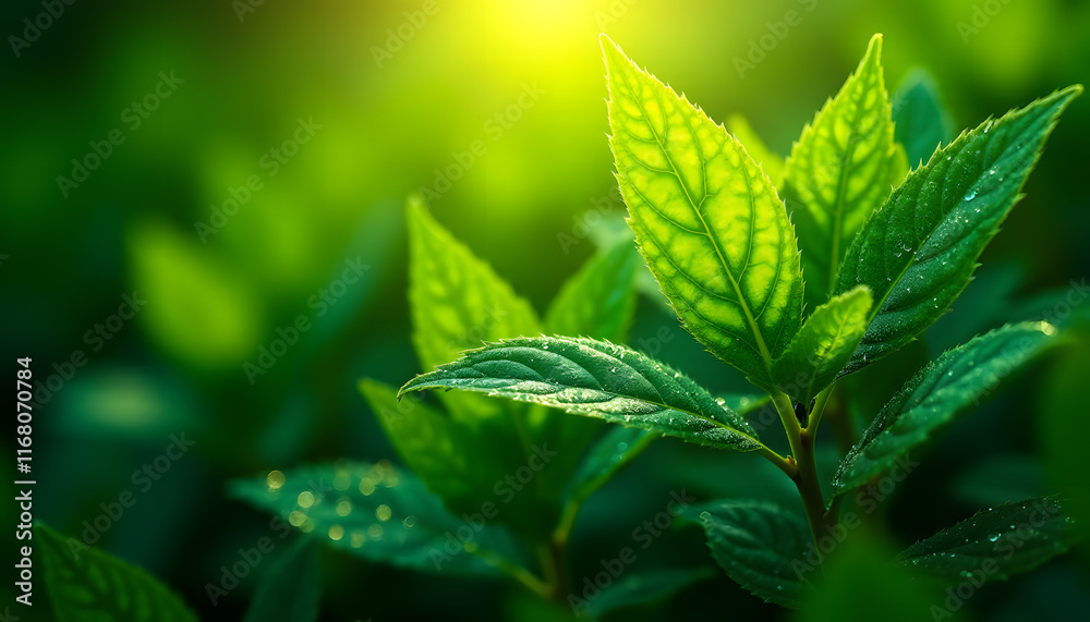 Radiant Green Leaf Textures with Dew-Like Highlights Radiant Green Leaf Textures with Dew-Like Highlights