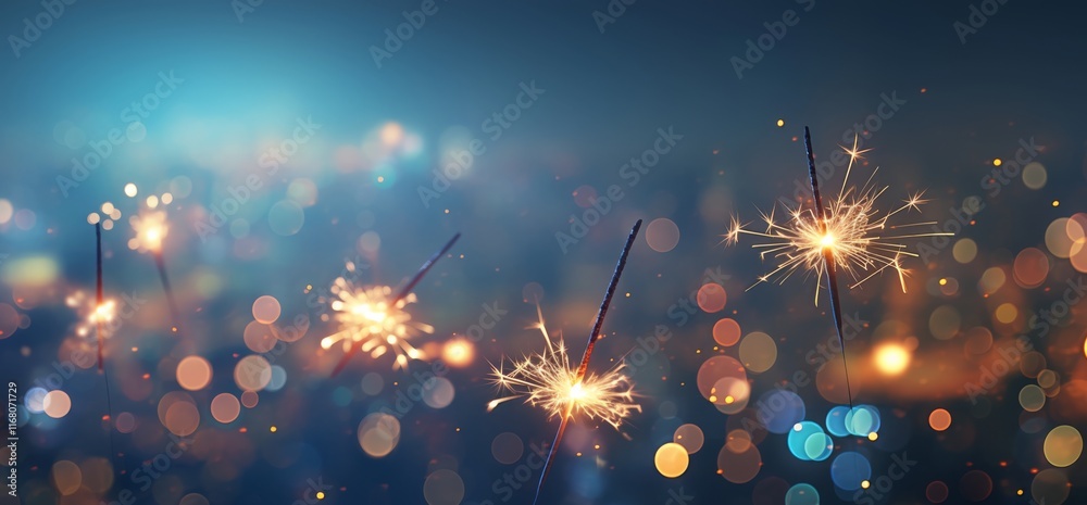 Obraz premium Close-up of sparklers burning in the night sky with blurred bokeh lights in the background, creating a festive and joyful atmosphere during a New Year's celebration.