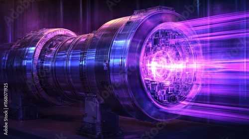 A futuristic engine emitting purple energy beams, showcasing advanced technology.
