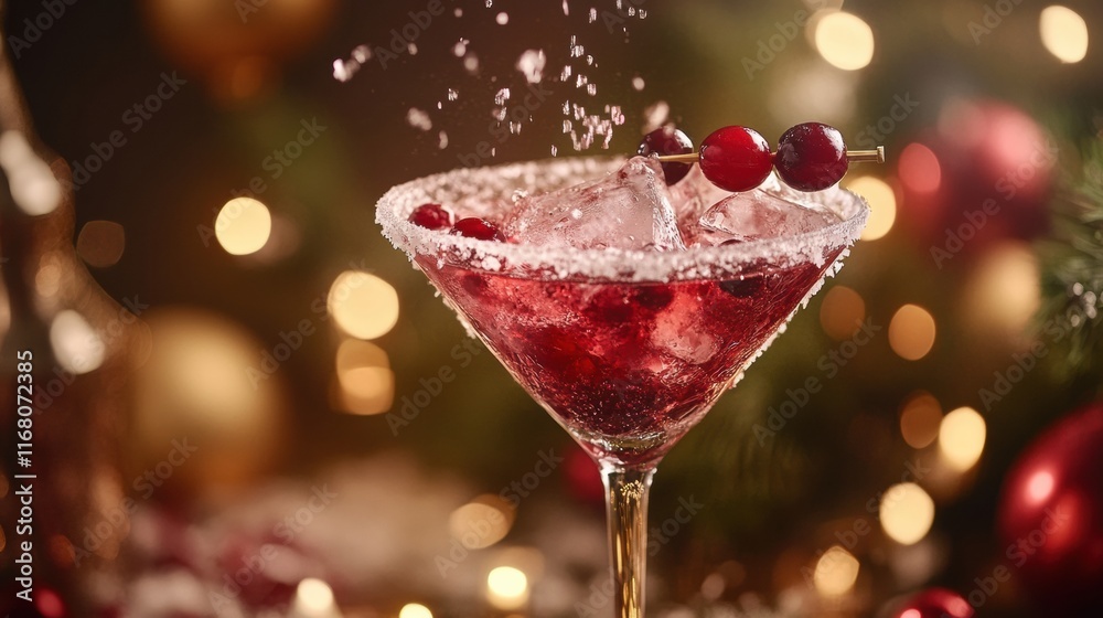 A frosted vodka cocktail glass with crushed ice and a splash of cranberry juice, styled in a chic party atmosphere A frosted vodka cocktail glass with crushed ice and a splash of cranberry juice, styled in a chic party atmosphere