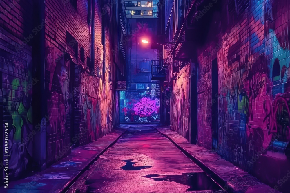 Neon Lit Graffiti Alleyway Urban Night Scene