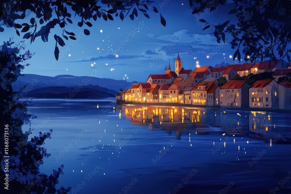 Fototapeta premium Nighttime Lakeside Village Glowing With Lights