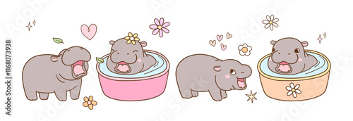 Draw vector banner illustration cute baby hippo Trendy animal Doodle cartoon style