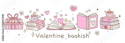 Draw vector banner illustration pink valentine bookish Love reading Book lover Doodle cartoon style