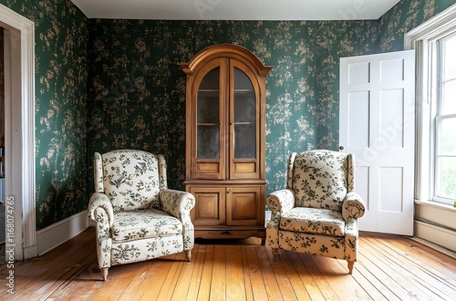 Interior of a beautiful living room with vintage furniture and antique furniture photo