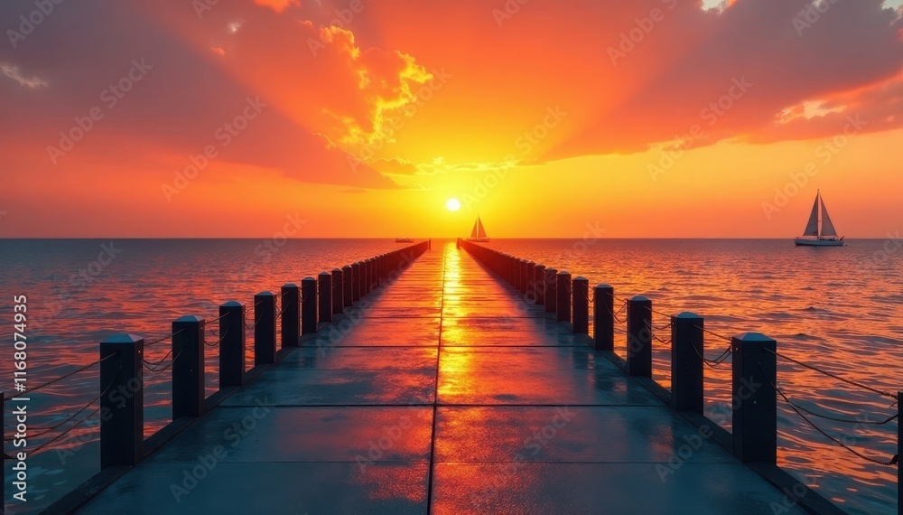 Obraz premium Elegant jetty against a vibrant orange sunset with a few sailboats on the horizon, serene, jetty, peaceful