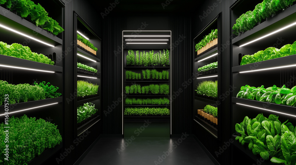 Modern Indoor Vertical Farm with LED Lighting and Fresh Herbs and Greens Modern Indoor Vertical Farm with LED Lighting and Fresh Herbs and Greens