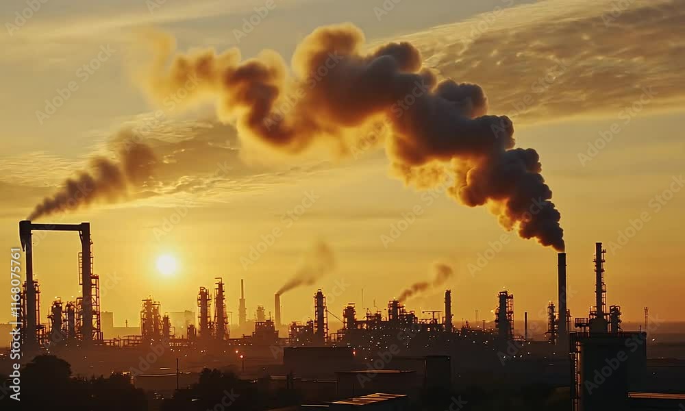 Industrial Pollution: Factories Emit Dark Smoke at Sunrise, Impacting Air Quality and Climate Change Globally. Environmental Concerns & Solutions. Industrial Pollution: Factories Emit Dark Smoke at Sunrise, Impacting Air Quality and Climate Change Globally. Environmental Concerns & Solutions.